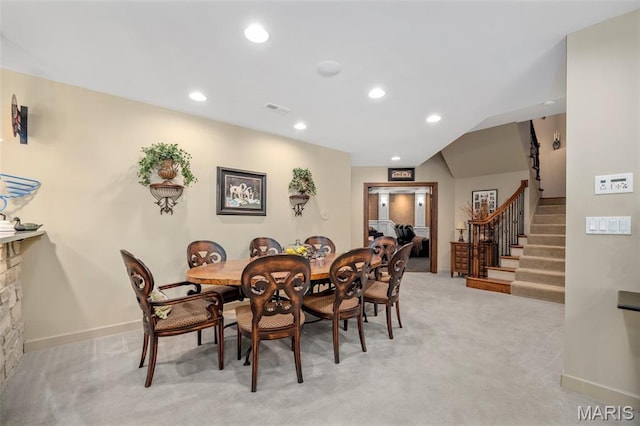 701 Crown Pointe Farms, Defiance, MO 63341 - dining room featuring light carpet, stairway, and recessed lighting