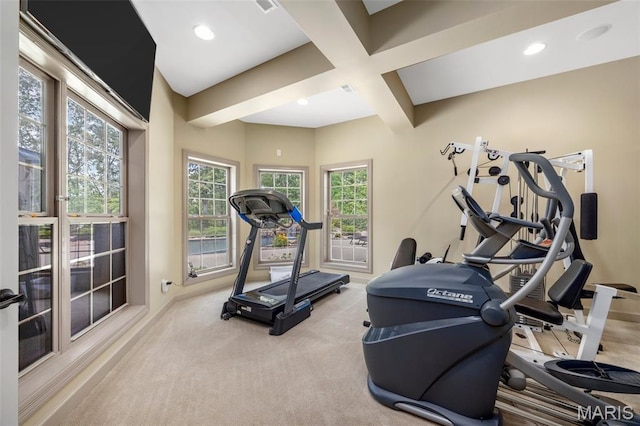 701 Crown Pointe Farms, Defiance, MO 63341 - workout room with plenty of natural light, carpet flooring, recessed lighting, and coffered ceiling