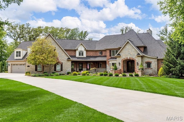 701 Crown Pointe Farms, Defiance, MO 63341 - view of front of house featuring stone siding, concrete driveway, a front lawn, and a chimney