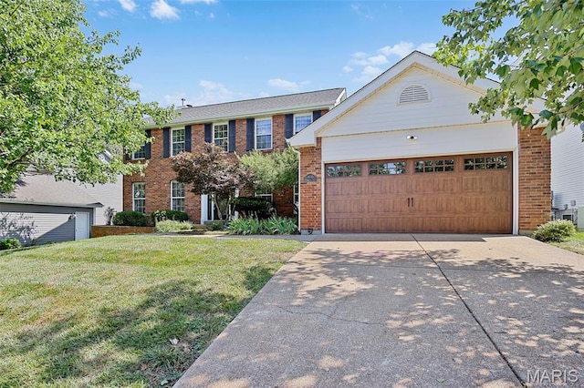 3038 Woodbridge Creek Dr, Saint Louis, MO 63129 - view of front facade featuring brick siding, a front lawn, concrete driveway, and a garage