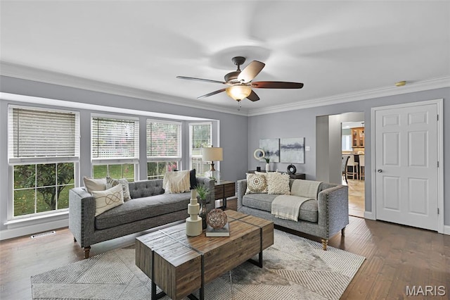 3038 Woodbridge Creek Dr, Saint Louis, MO 63129 - living area with ceiling fan, crown molding, and wood finished floors