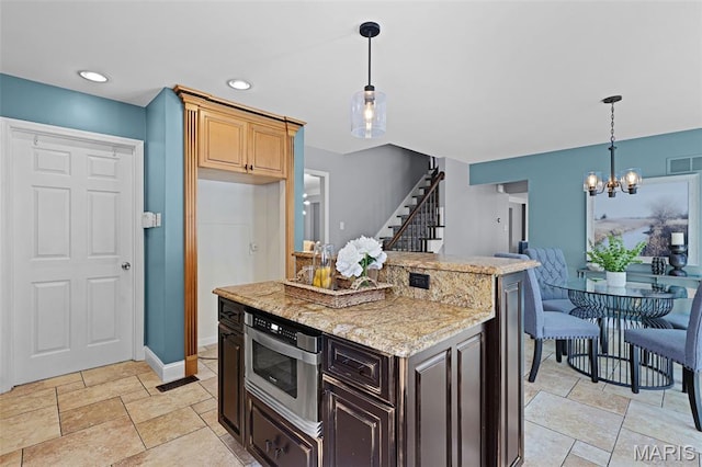 3038 Woodbridge Creek Dr, Saint Louis, MO 63129 - kitchen with a chandelier, light stone countertops, pendant lighting, recessed lighting, and stone tile floors