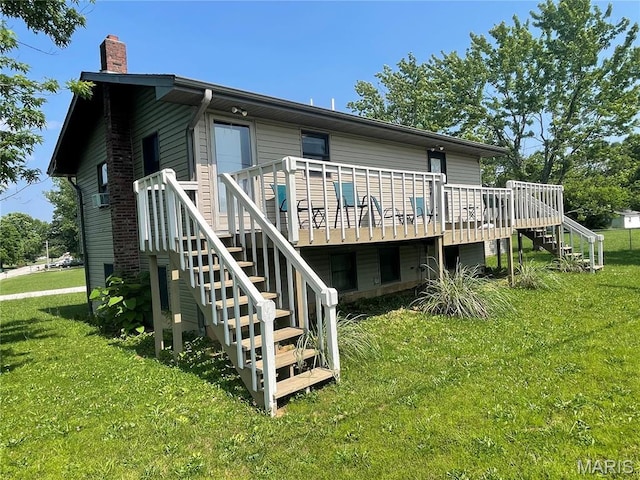 128 Myers St, Licking, MO 65542 - rear view of property with stairs, a chimney, a deck, and a lawn