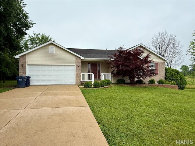 51 Tower St, Moscow Mills, MO 63362 - ranch-style home with brick siding, concrete driveway, an attached garage, a front lawn, and a porch