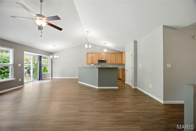 1161 Foxwood Estates Dr, Arnold, MO 63010 - unfurnished living room featuring lofted ceiling, a chandelier, a ceiling fan, and dark wood-type flooring