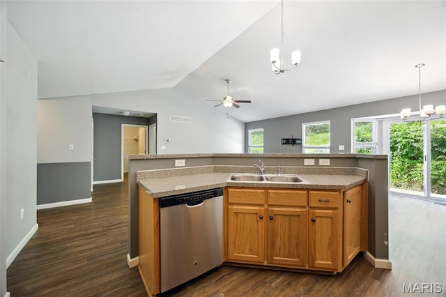 1161 Foxwood Estates Dr, Arnold, MO 63010 - kitchen featuring stainless steel dishwasher, a chandelier, dark wood finished floors, lofted ceiling, and hanging light fixtures