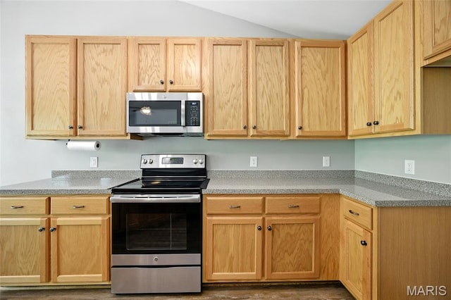 1161 Foxwood Estates Dr, Arnold, MO 63010 - kitchen featuring appliances with stainless steel finishes, light brown cabinetry, and vaulted ceiling