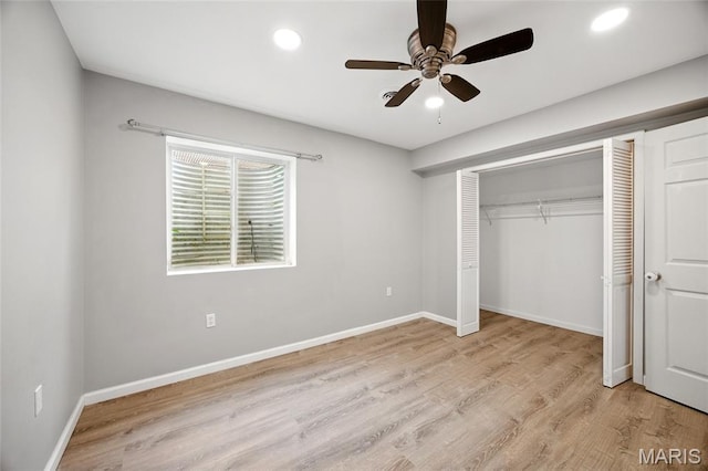 1161 Foxwood Estates Dr, Arnold, MO 63010 - unfurnished bedroom with light wood-style flooring, recessed lighting, a closet, and ceiling fan