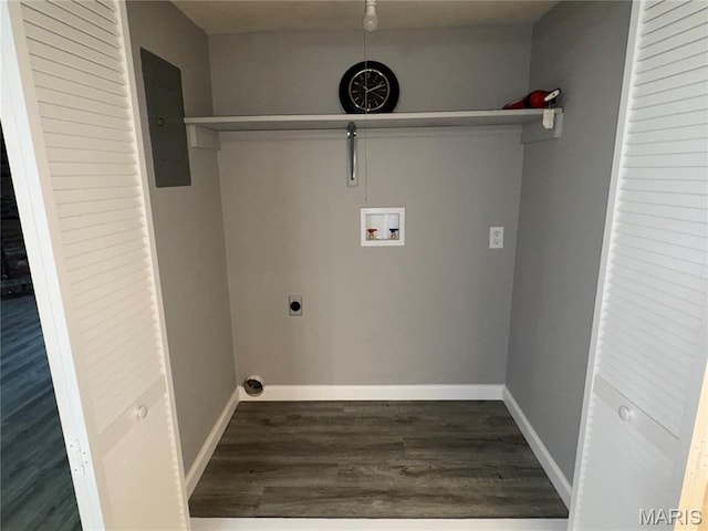 1420 Heritage Lndg Unit 107, Saint Charles, MO 63303 - laundry area with washer hookup, hookup for an electric dryer, wood finished floors, and electric panel
