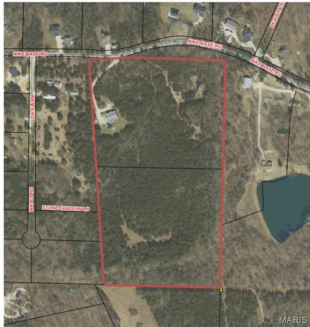 2518 Nike Base Rd, Catawissa, MO 63015 - aerial map of property and surrounding area with property boundaries highlighted