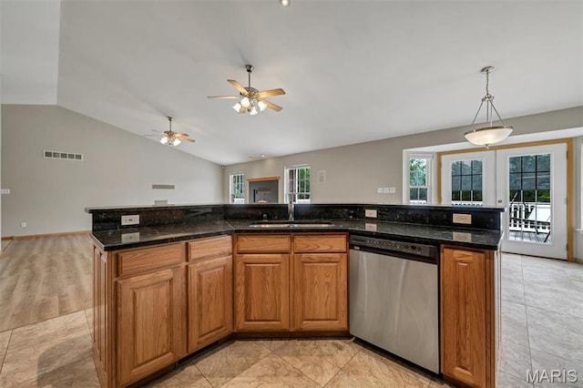 2518 Nike Base Rd, Catawissa, MO 63015 - kitchen featuring dishwasher, lofted ceiling, ceiling fan, brown cabinets, and pendant lighting