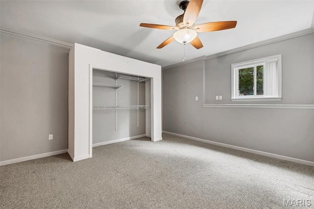 2518 Nike Base Rd, Catawissa, MO 63015 - unfurnished bedroom with a closet, carpet, crown molding, and ceiling fan