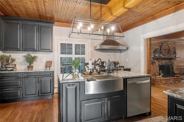 2466 State Road Ff, Eureka, MO 63025 - kitchen with stainless steel dishwasher, wood ceiling, dark wood-style floors, wall chimney exhaust hood, and light stone counters