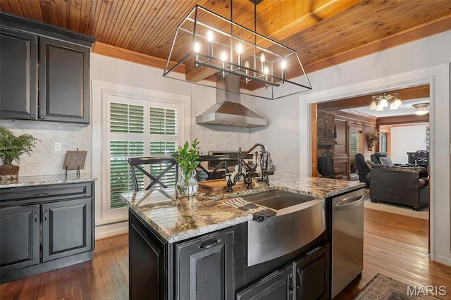2466 State Road Ff, Eureka, MO 63025 - kitchen with dishwasher, a chandelier, wall chimney range hood, wood ceiling, and dark wood-type flooring