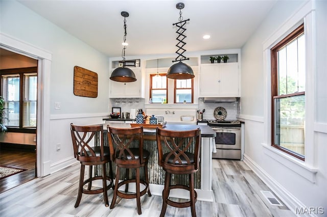201 S Columbus St, Pacific, MO 63069 - kitchen featuring stainless steel electric range, a wainscoted wall, light wood-type flooring, white cabinets, and exhaust hood
