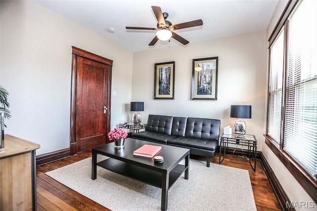 201 S Columbus St, Pacific, MO 63069 - living room with healthy amount of natural light, a ceiling fan, and dark wood-style floors