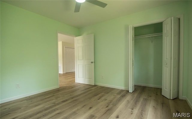 201 W 5th St, Grandin, MO 63943 - unfurnished bedroom featuring light wood-type flooring, a closet, and ceiling fan
