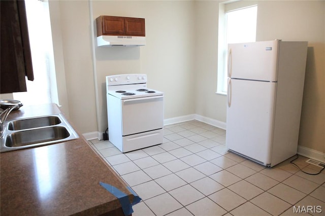 2923 Miami, Saint Louis, MO 63118 - kitchen with white appliances, under cabinet range hood, plenty of natural light, and light tile patterned floors