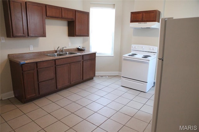 2923 Miami, Saint Louis, MO 63118 - kitchen with white appliances, under cabinet range hood, and light tile patterned floors