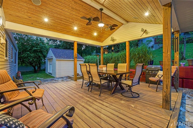 1809 Partridge Dr, Windsor Township, MO 63052 - deck featuring outdoor dining area, a storage shed, and ceiling fan
