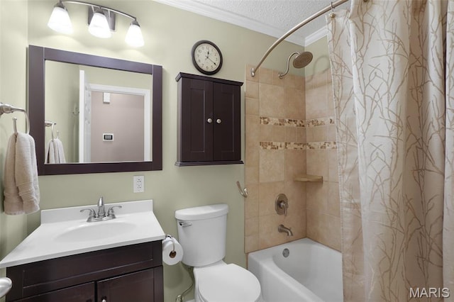 1809 Partridge Dr, Windsor Township, MO 63052 - bathroom with shower / bath combo, vanity, ornamental molding, and a textured ceiling
