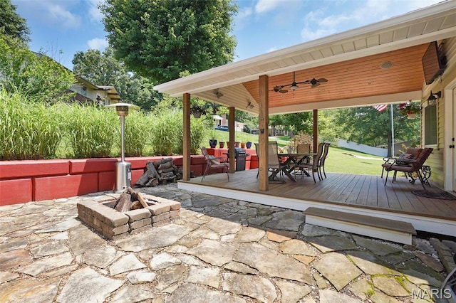 1809 Partridge Dr, Windsor Township, MO 63052 - view of patio with a fire pit, outdoor dining space, a wooden deck, and a ceiling fan