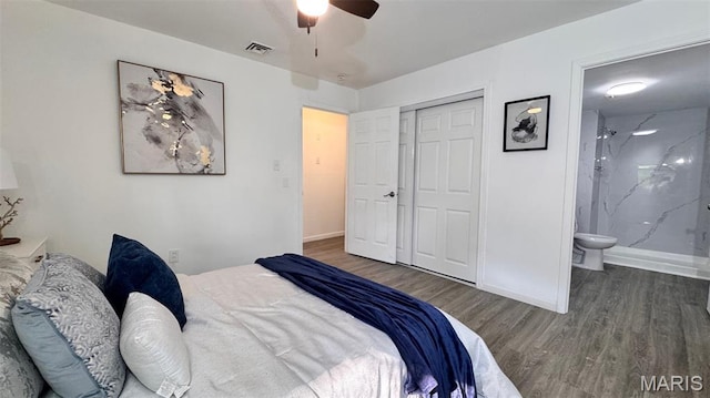 3553 Mckibbon Rd, Saint Louis, MO 63114 - bedroom with wood finished floors, a closet, ensuite bathroom, and a ceiling fan