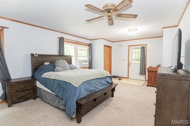10201 County Road 5440, Rolla, MO 65401 - bedroom featuring light colored carpet, crown molding, a textured ceiling, and a ceiling fan
