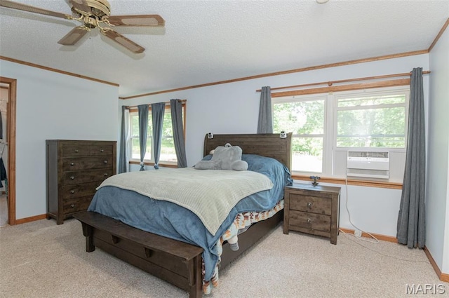 10201 County Road 5440, Rolla, MO 65401 - bedroom featuring light colored carpet, ornamental molding, a ceiling fan, cooling unit, and a textured ceiling