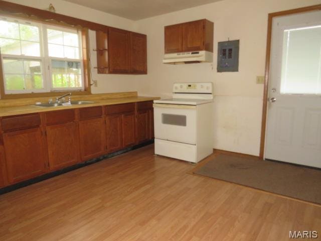 705 S Arch St, Jerseyville, IL 62052 - kitchen with electric range, under cabinet range hood, electric panel, light wood-type flooring, and brown cabinets