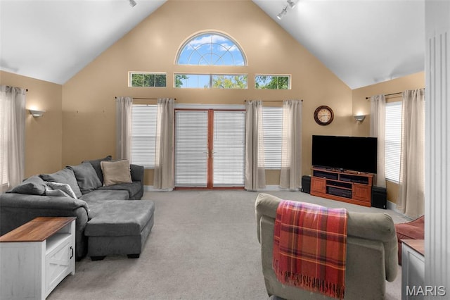 900 Danforth St, Alton, IL 62002 - living room featuring light carpet, high vaulted ceiling, plenty of natural light, and rail lighting