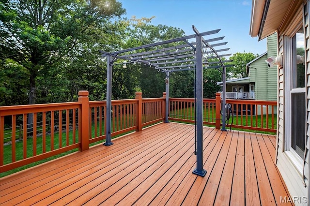 16544 Willow Glen Dr, Wildwood, MO 63040 - wooden terrace featuring a pergola, a lawn, and view of scattered trees