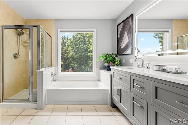 16544 Willow Glen Dr, Wildwood, MO 63040 - bathroom with vanity, a garden tub, a shower stall, and tile patterned floors