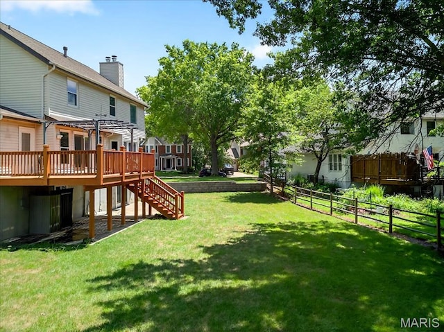 16544 Willow Glen Dr, Wildwood, MO 63040 - view of yard featuring stairs, a pergola, and a wooden deck