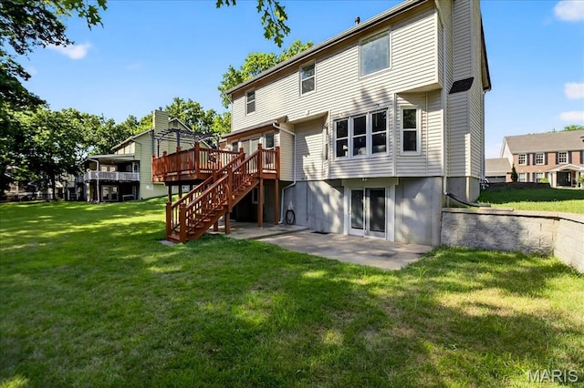 16544 Willow Glen Dr, Wildwood, MO 63040 - back of property featuring a wooden deck, stairs, a yard, and a patio