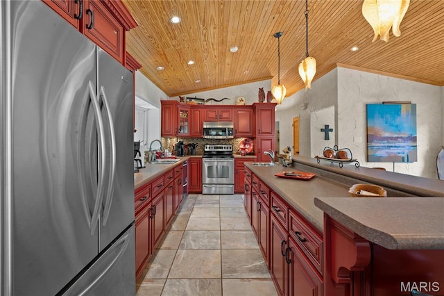 2402 Ripley Rte Unit A, Doniphan, MO 63935 - kitchen featuring stainless steel appliances, wood ceiling, lofted ceiling, hanging light fixtures, and tasteful backsplash