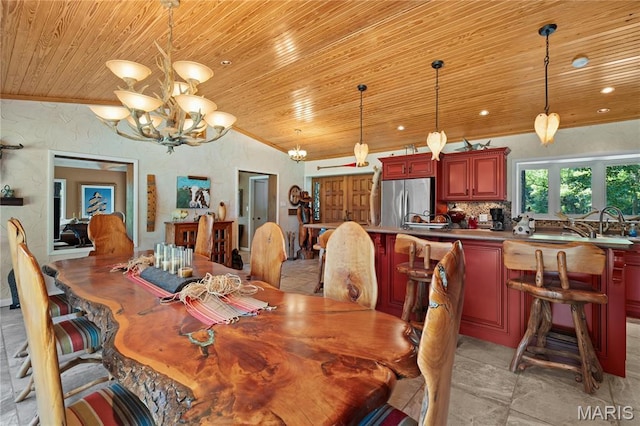 2402 Ripley Rte Unit A, Doniphan, MO 63935 - dining area featuring wood ceiling, a chandelier, recessed lighting, crown molding, and vaulted ceiling