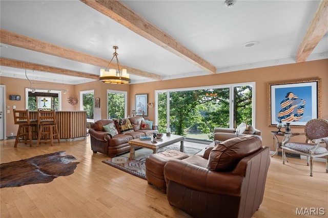 2402 Ripley Rte Unit A, Doniphan, MO 63935 - living area featuring beamed ceiling, light wood-style flooring, healthy amount of natural light, and a chandelier