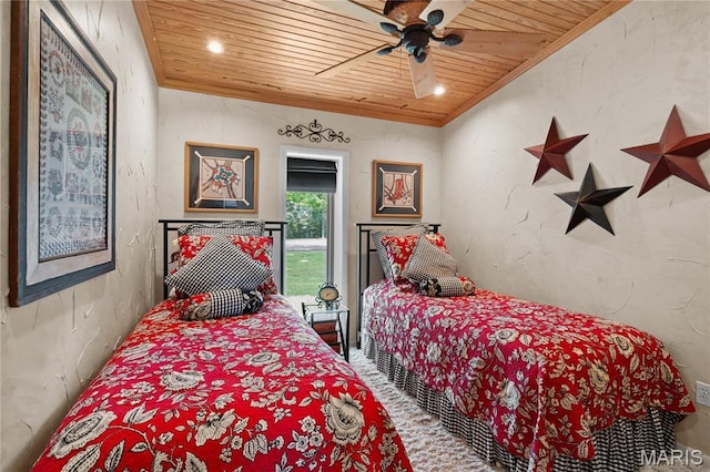 2402 Ripley Rte Unit A, Doniphan, MO 63935 - carpeted bedroom featuring wooden ceiling, a ceiling fan, and crown molding