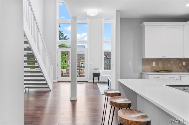 110 N Newstead Ave Unit 303, Saint Louis, MO 63108 - kitchen with light countertops, plenty of natural light, dark wood finished floors, a breakfast bar, and a towering ceiling