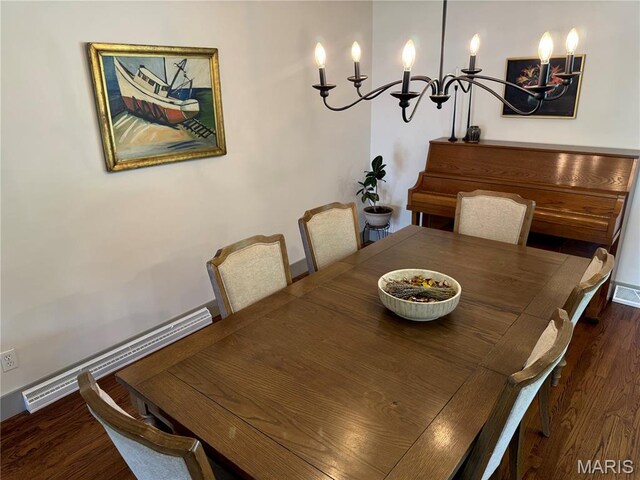 1311 W Line St, Palmyra, MO 63461 - dining area with wood finished floors, a chandelier, and a baseboard radiator