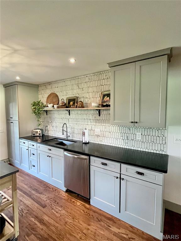 1311 W Line St, Palmyra, MO 63461 - kitchen featuring stainless steel dishwasher, dark countertops, tasteful backsplash, open shelves, and recessed lighting
