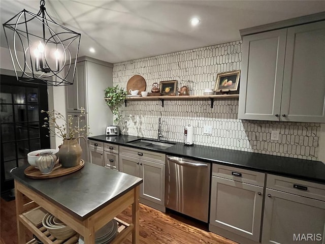 1311 W Line St, Palmyra, MO 63461 - kitchen with dishwasher, open shelves, gray cabinets, dark countertops, and recessed lighting
