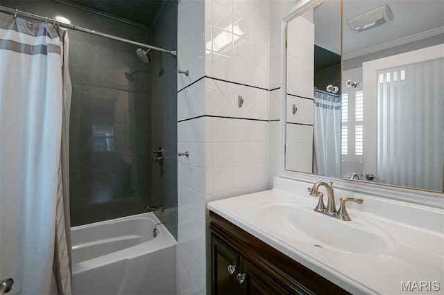 8140 Pershing Ave, Clayton, MO 63105 - full bath featuring tile walls, ornamental molding, shower / bath combination with curtain, and vanity