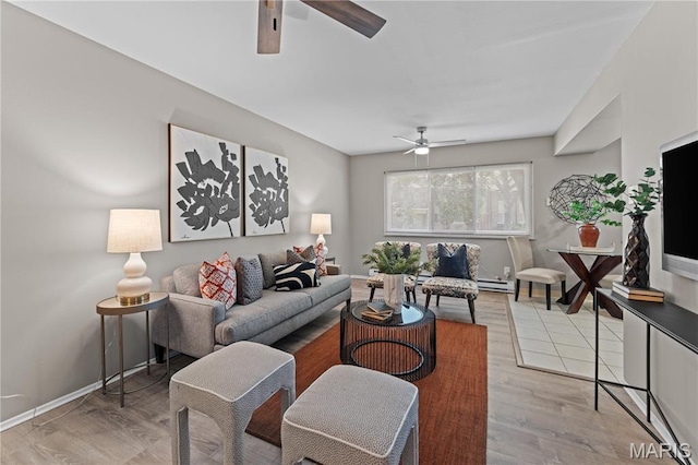 9003 Villaridge Ct Unit A, Affton, MO 63123 - living room featuring a ceiling fan, wood finished floors, and baseboard heating