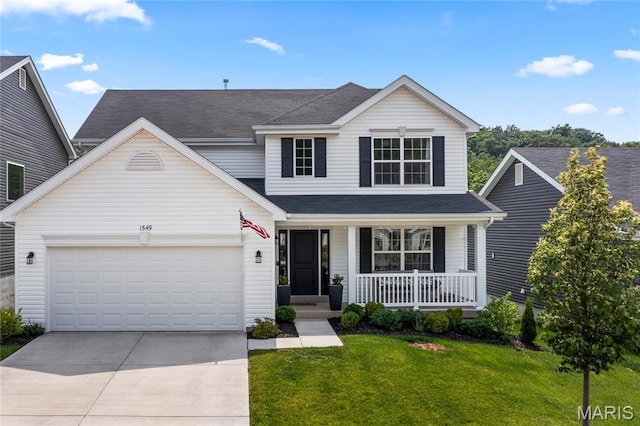 1549 Cascade Ln, Eureka, MO 63025 - traditional home featuring a porch, driveway, a front lawn, a garage, and a shingled roof