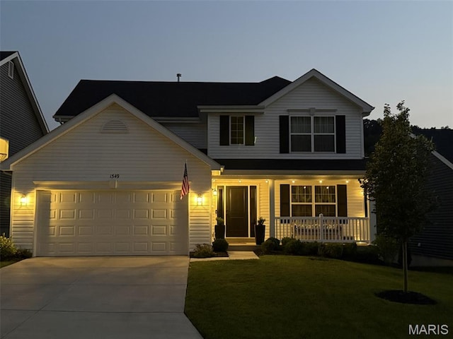 1549 Cascade Ln, Eureka, MO 63025 - traditional home with covered porch, driveway, a garage, and a front lawn