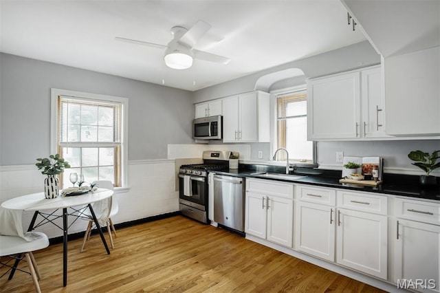 7041 Plainview Ave, Saint Louis, MO 63109 - kitchen with appliances with stainless steel finishes, wainscoting, white cabinets, light wood finished floors, and dark countertops