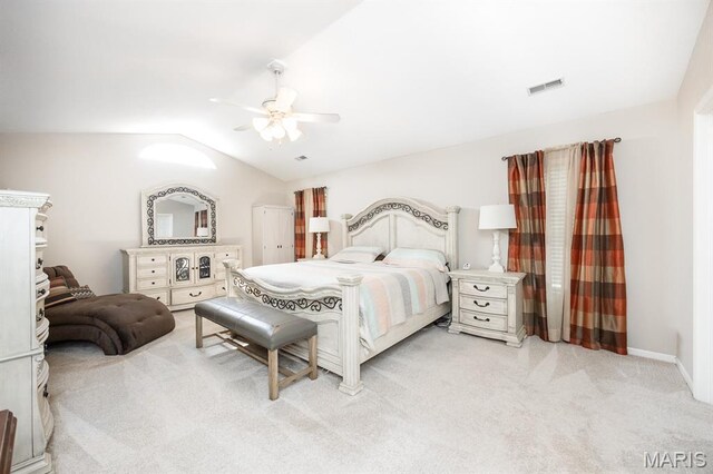 1241 Antique Ln, Mascoutah, IL 62258 - bedroom featuring light carpet, vaulted ceiling, and a ceiling fan