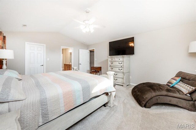1241 Antique Ln, Mascoutah, IL 62258 - bedroom featuring lofted ceiling, light carpet, ceiling fan, and ensuite bath